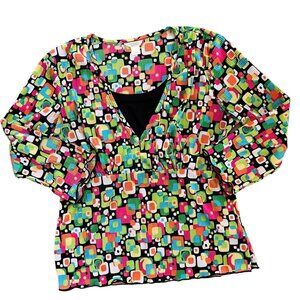 Vintage Christopher & Banks Novelty Print Mod Scrunch Babydoll Top S